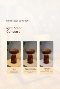 Detail of solid wood mushroom lamp showing warm, neutral, and white light color modes