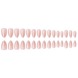 Long almond cat-eye press-on nails in soft pink shimmer finish with 30 piece set