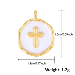 Gold-plated copper round pendant with white enamel and raised cross, size 1.5cm by 1.2cm