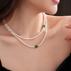 Layered Imitation Artificial Pearl Necklace With Green Artificial Agate Beads Copper Metal Spacers New Chinese Style Retro Jewelry For Women
