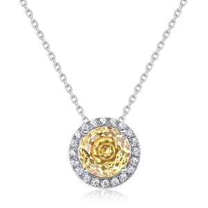 S925 silver necklace with yellow rose cut zircon halo pendant on a thin silver chain