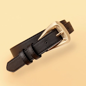Elegant black faux leather belt with a minimalist golden triangle buckle for women