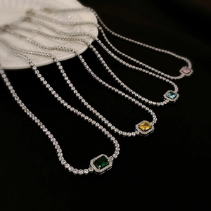 French luxury square zircon tennis necklace in green, yellow, blue and pink gems