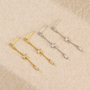 Elegant S925 sterling silver long tassel chain earrings with zircon crystals in gold and silver