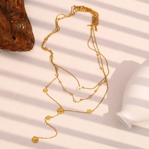 Three-layer 18K gold plated stainless steel necklace with floral pendants and tassels