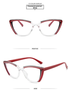 Detail view of transparent red square cat-eye frame glasses with metal hinge design