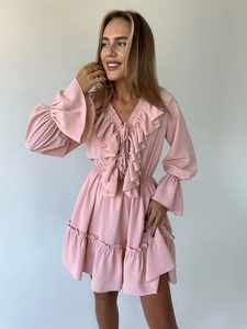 Pink V-neck chiffon mini dress with ruffle details, flare sleeves and elastic high waist