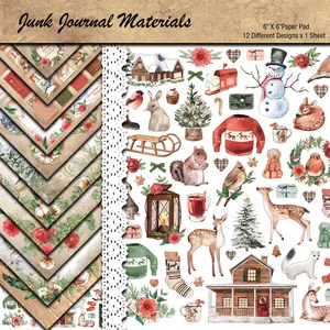 6x6 inch Christmas junk journal paper collection with vintage watercolor holiday patterns