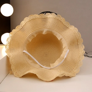 Girl's woven cherry straw sun hat with wavy brim and elastic chin strap for beach