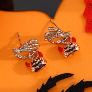 Gothic ghost hand and pumpkin stud earrings with red horns for Halloween costumes