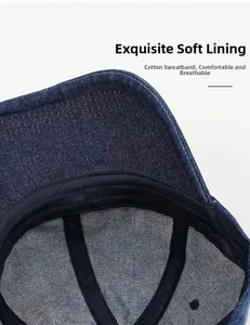Detail of soft breathable inner lining and cotton sweatband on blue denim baseball cap