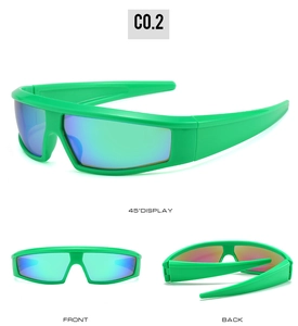 Three-angle view of neon green Y2K sports sunglasses with colorful gradient lenses