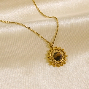 French vintage sun pendant necklace with brown tiger stone and 14K gold-plated chain