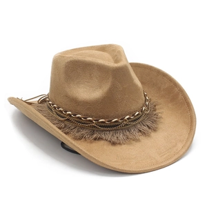 Detail of camel suede western cowboy hat featuring fringe trim and gold chain accents