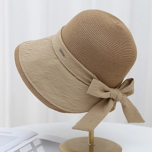 Women Sun Straw Hat Patchwork Fabric Bow Decor Split Back Elegant Vacation Beach Breathable Foldable Fashion Cap