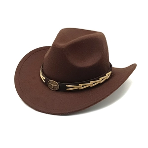 Western Cowboy Hat Wide Brim Felt Fedora With Bull Head Metal Buckle Retro Outdoor Sun Hat For Men And Women