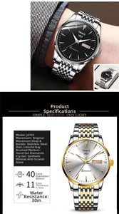Detail showing the 40mm steel case, sunray dial, and movement specs of the men's watch
