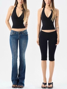 Slim fit V-neck halter top with built-in pads paired with stylish flared denim jeans