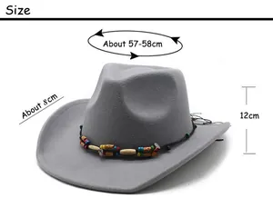 Detailed size chart for the British style wool felt western cowboy hat with ethnic beads