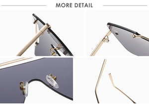 Detailansicht der quadratischen randlosen Sonnenbrille mit Metallscharnieren und Nasenpads