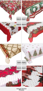 Detailed grid of Nordic Christmas tablecloth patterns with Santa, trees and holly motifs