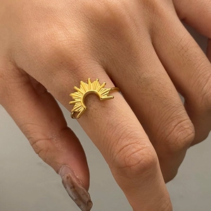 Close-up of a gold stainless steel sunburst ring with small crystals on a finger