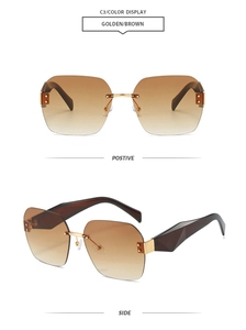 Detailed front and side views of rimless gradient brown sunglasses with gold frames