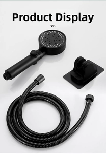 Matte black pressurized shower head set with flexible hose and adhesive wall bracket