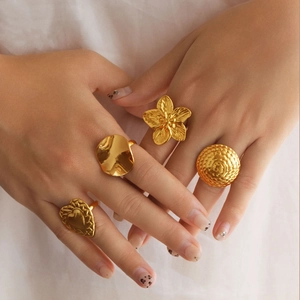 Adjustable Gold Rings For Women 18K Gold Plated 304 Stainless Steel Vintage Heart Flower Geometric Jewelry