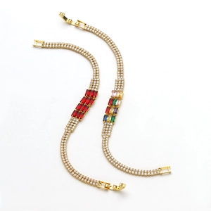 Eleganti bracciali tennis a doppia fila placcati in oro con zirconi colorati rettangolari