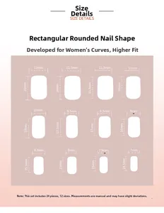 Size chart for 24pcs French white short square press-on nails with 12 precise dimensions