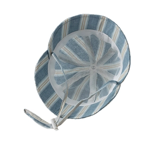 Adjustable striped baby sun hat with windproof chin strap and cotton fabric