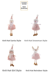 Close-up of four plush Christmas ornaments featuring Santa, snowman, elk and girl in pink