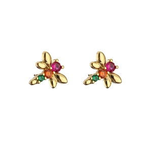 Elegant gold insect stud earrings featuring vibrant red, orange, and green gemstones