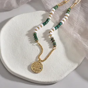 Vintage Stainless Steel Coin Pendant Necklace Colorful Rhinestone Green White Beaded Chain Bohemian Jewelry For Women