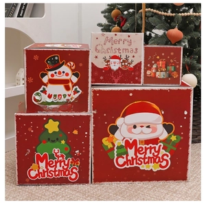 Detailed view of 5-piece red Christmas gift box set with festive cartoon patterns