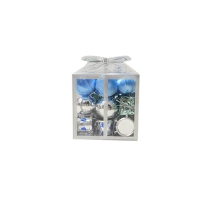 Blue and silver Christmas tree ornament set in a clear gift box with festive decorations