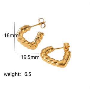 18k gold heart-shaped titanium steel hoop earrings with bamboo texture for women