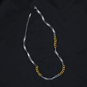 Mixed gold and silver tones Cuban link necklace with creative geometric chain stitching