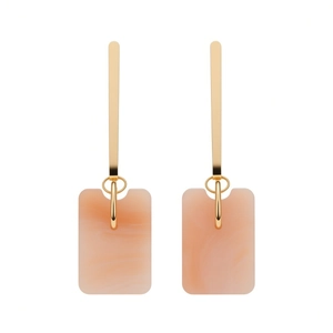 Retro geometric square long drop earrings with gold metal bar and pink resin pendants