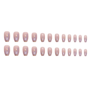 Short ballet press-on nails with pink base, purple glitters and golden star designs