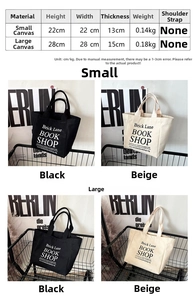 Detailed size chart for small and large canvas tote bags with exact dimensions and weight