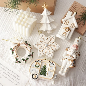 Christmas Hanging Ornaments White Gold Painted PVC Nutcracker Snowflake Camper House Tree Wreath Holiday Tree Decor