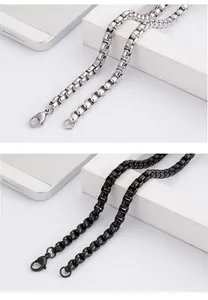 Polished silver and black stainless steel box chains for men with lobster clasps