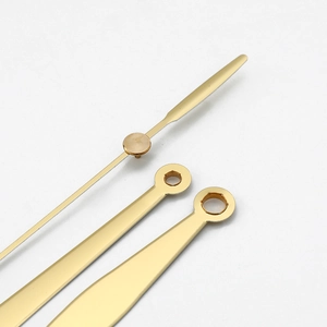 Three-piece quartz clock hand set in polished gold finish with hour minute second hands