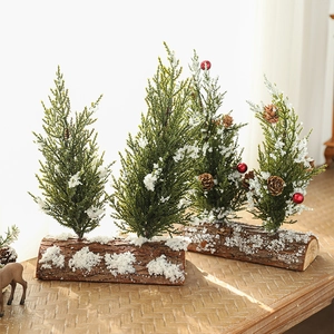 Mini Christmas Tree Desktop Ornament Flocked Snow Double Tree Wood Base With Pine Cones Berries Rustic Home Decor