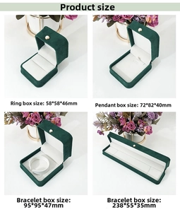 Detailed size guide for dark green velvet jewelry boxes showing four box dimensions