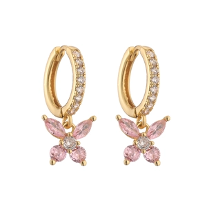 Gold plated hoop earrings with pink crystal butterfly pendants and white zircon accents