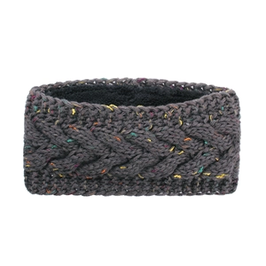 Close-up of chunky knit ear warmer headband with colorful speckles and plush fleece lining