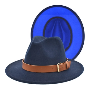 Two-tone wool felt fedora featuring navy blue exterior and bright blue underbrim detail